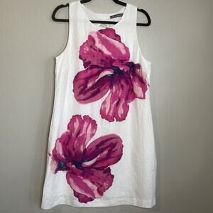Tommy Bahama Sleeveless Shift Dress S 100% Linen Lined White Floral Tropical